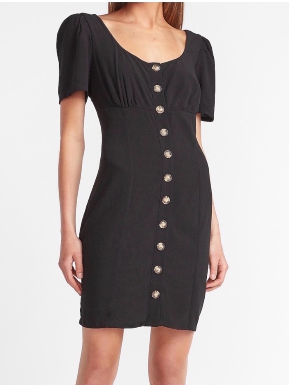 Express button down front scoop neck black mini dress puff sleeve 90s grunge MD